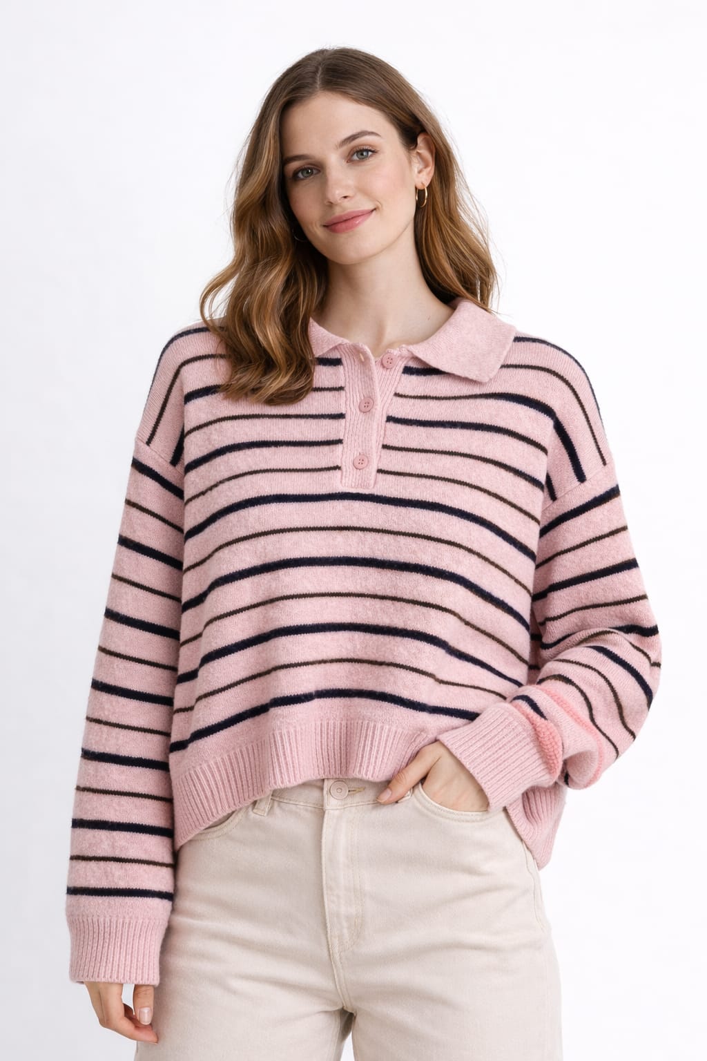 Gestreifter Woolblend Pullover Rosa